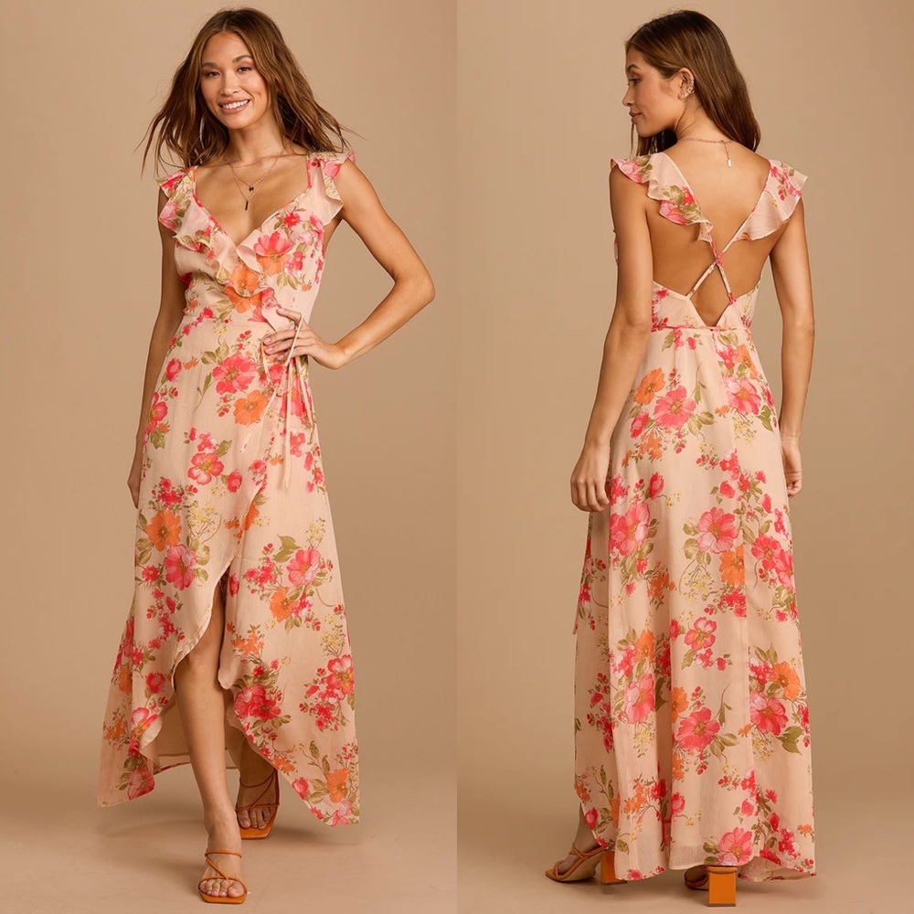 Dreamy Beige Floral Ruffle Wrap Maxi Dress 🌿